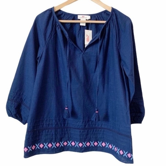 Vineyard Vines NWT Embroidered Hem Pullover Cotton Peasant Blouse Navy Size XS - Picture 1 of 8